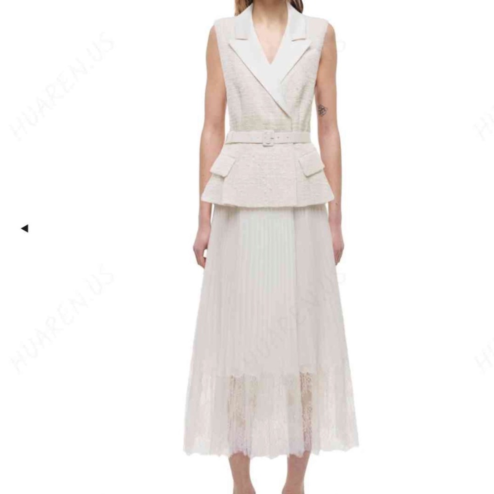 Self-portrait cream tailored boucle and chiffon midi dress, Us size 6
